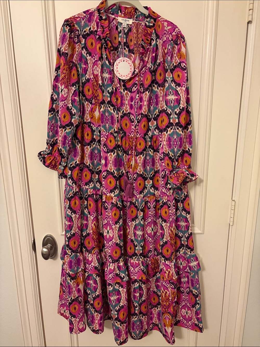 Umgee Fuchsia Multicolor Ikat Tiered Midi Dress